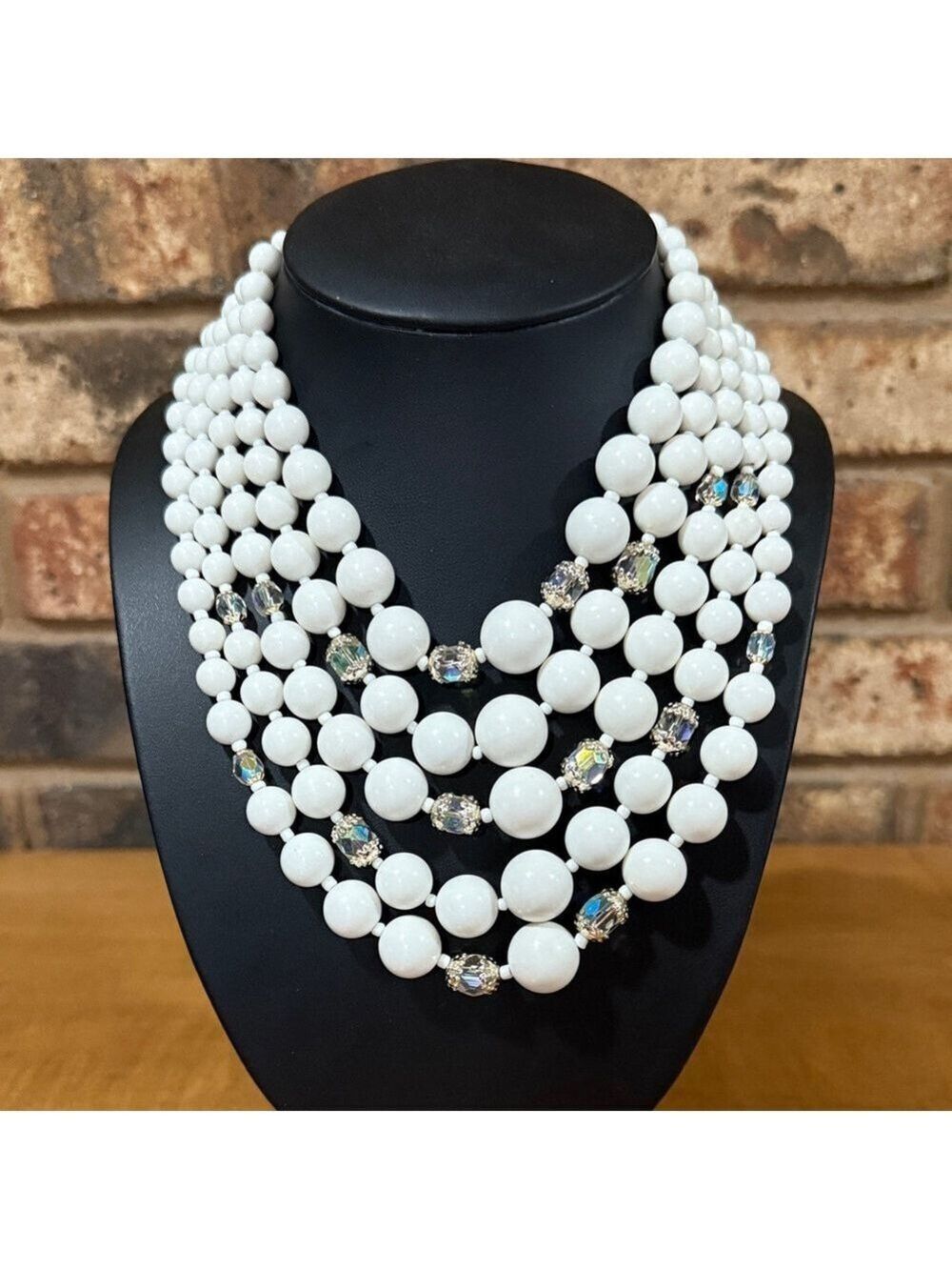 Japan 5 strand white graduated and Aurora Borealis Beaded necklace